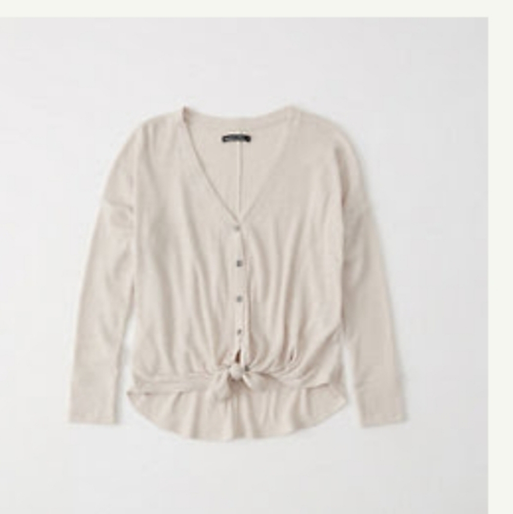 Abercrombie top button up tie front vneck long sleeve cream oatmeal M - Picture 7 of 7